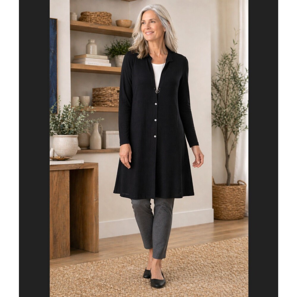 J Jill Wearever Cardigan LP Petite Black Longline Button Long Sleeve Knit Duster